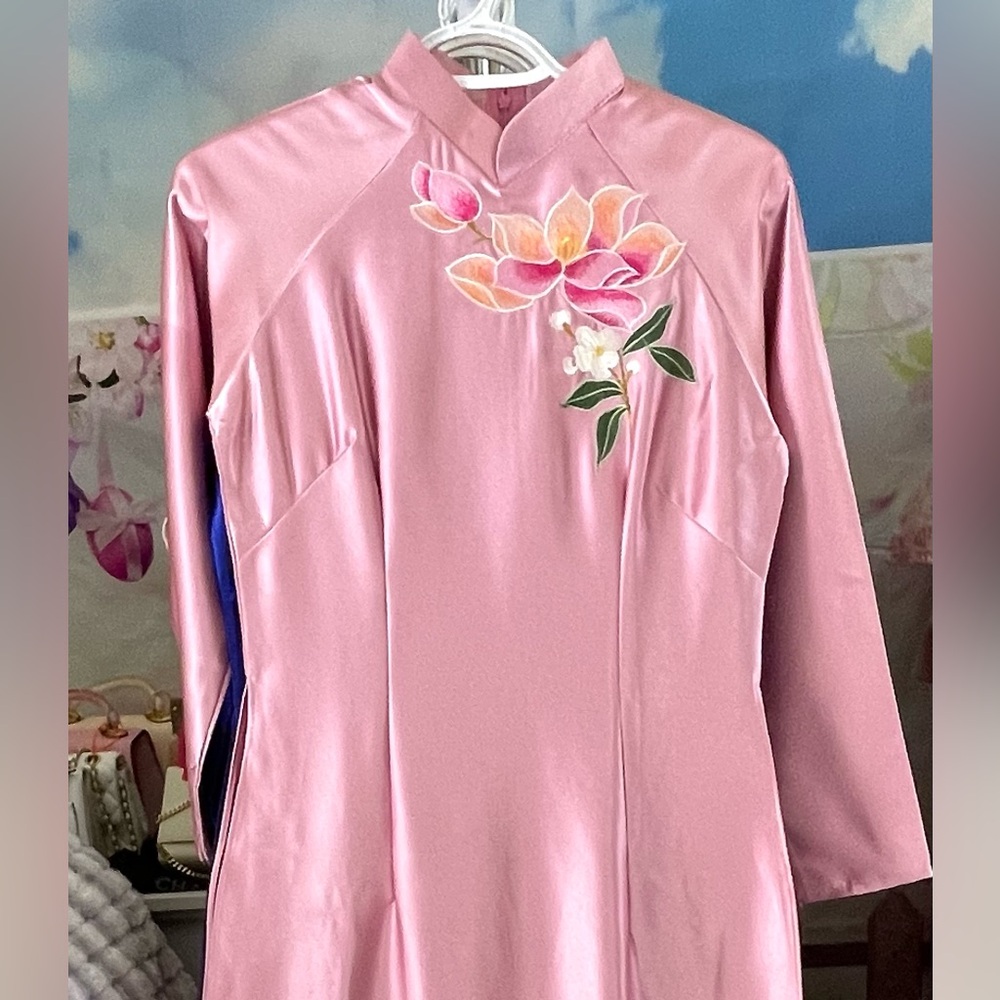 Ao dai lua Valentino, New Vietnamese traditional long dress top 🎁 her l 4 pink